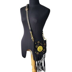 IMEMOI Black Suede Beaded Yellow Smiley Face Fringe Boho 90s Purse Festival Bag